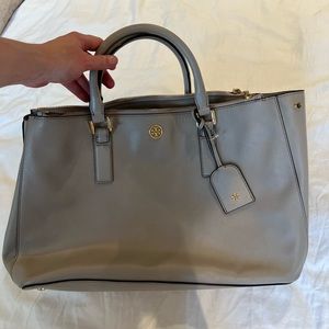 Taupe Tory Burch large formal purse with strap